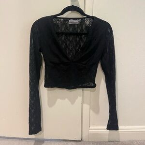 Urban Outfitters Black Lace Long-Sleeve V-Neck Crop Top